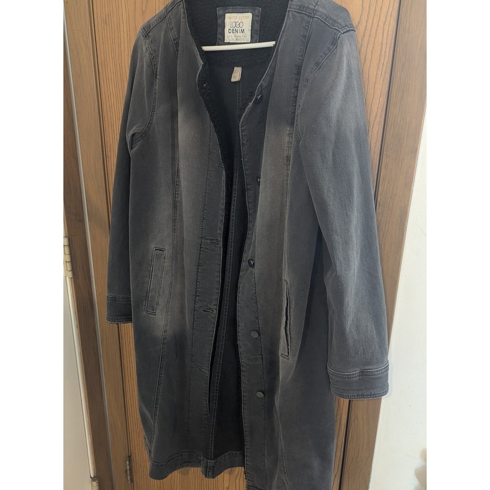 LOGO Black Denim Lori Goldstein Limited Edition Faux Shearling Lined Long Coat 8